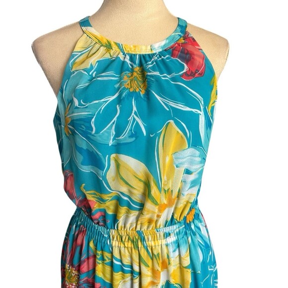 Nine West Halter Neck Maxi Dress Sz 6 Aqua Multi Floral Chiffon Sleeveless Lned - Picture 2 of 11